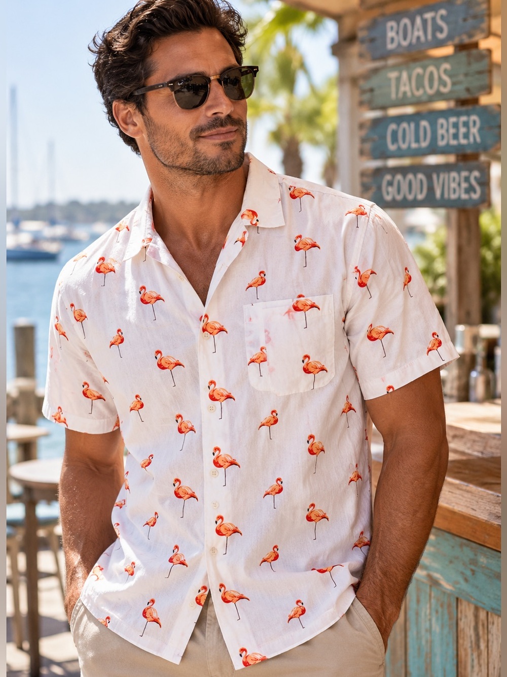 28 Palms Flamingo Print Cotton Hawaiian Resort Shirt Short Sleeve M